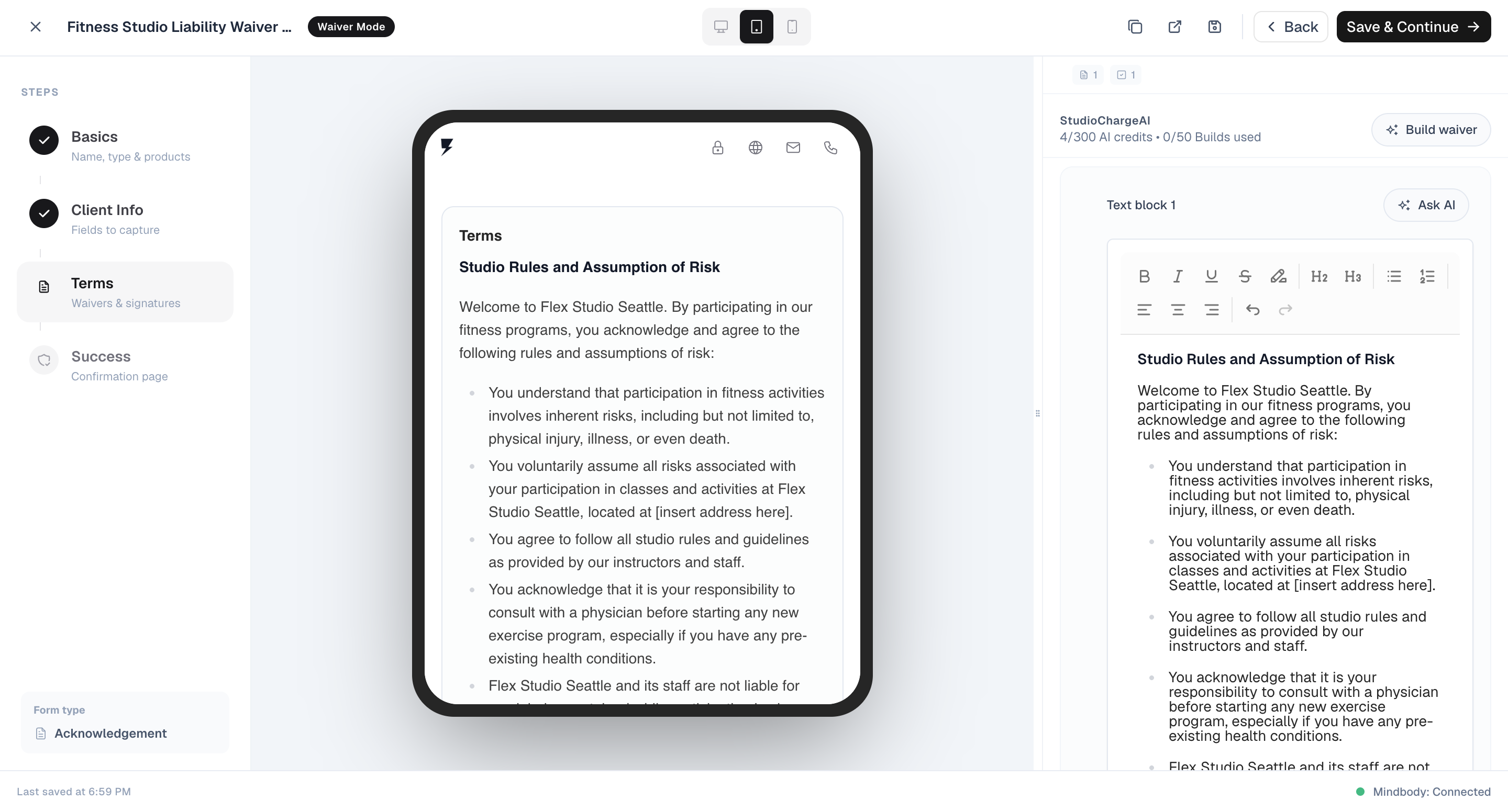 StudioCharge form builder generating a complete waiver with AI